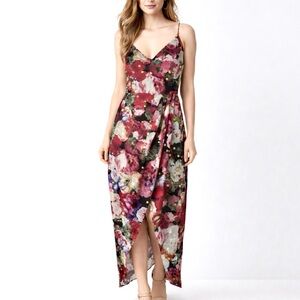 Express, Floral Wrap Maxi Dress Gold Polka Dot Spaghetti Strap, Size M